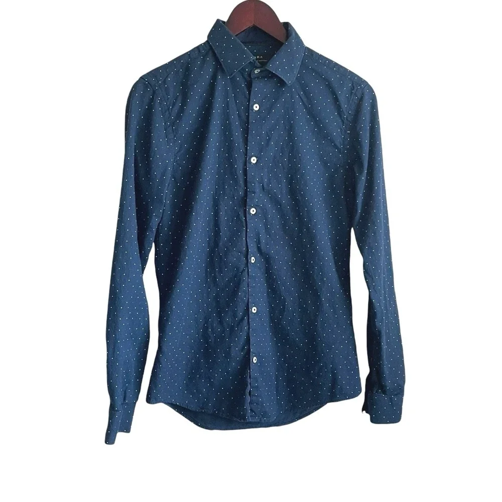 Zara Mens Shirt S Slim Fit Blue‎ Dots Button Up Preppy Travel Office Academia